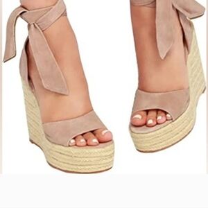 New Blush Pink Espadrille Wedge Sandals Suede Ankle Tie‎ Platforms Size 9.5